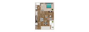 A floor plan of an apartment with a bedroom, living room, kitchen, and bathroom.