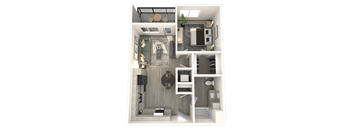 A 3D floor plan of a small apartment with a kitchen, living room, and bedroom.