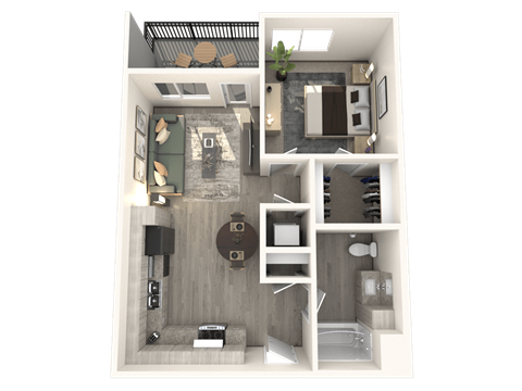 A 3D floor plan of a small apartment with a kitchen, living room, and bedroom.
