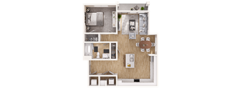 A top-down view of a small apartment layout with a kitchen, living room, and bathroom.