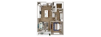 A top down view of a modern apartment with a kitchen, living room, and bathroom.
