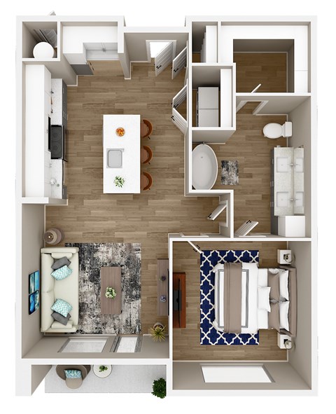 A top down view of a modern apartment with a kitchen, living room, and bathroom.