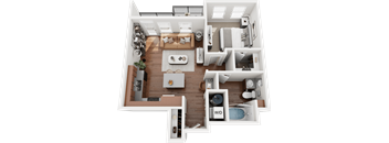 A 3D floor plan of a small apartment with a living room, kitchen, and bathroom.