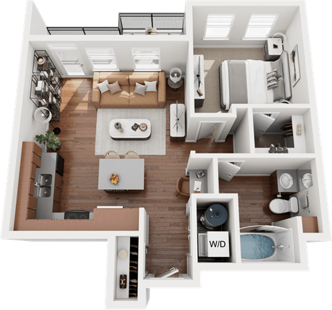 A 3D floor plan of a small apartment with a living room, kitchen, and bathroom.
