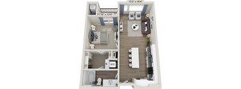 A 3D floor plan of a small apartment with a kitchen, living room, and bathroom.