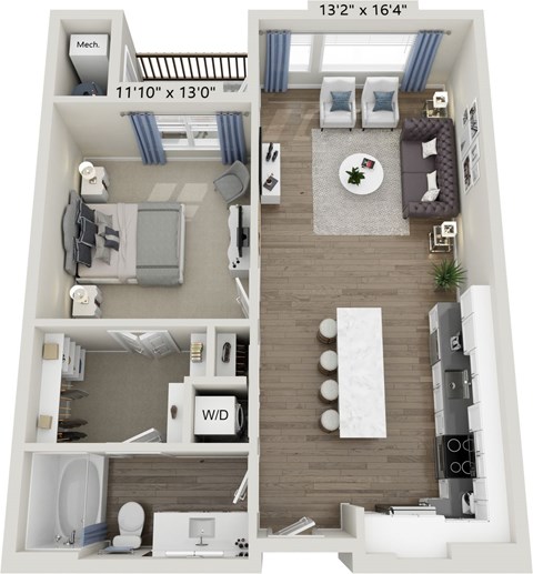 A 3D floor plan of a small apartment with a kitchen, living room, and bathroom.