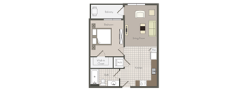 A floor plan showing a living room, kitchen, bedroom, and bathroom.