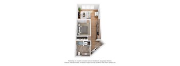 A 3D floor plan of a small apartment with a kitchen, living room, and bedroom.