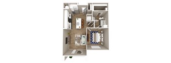 A top-down view of a small apartment with a kitchen, living room, and bathroom.