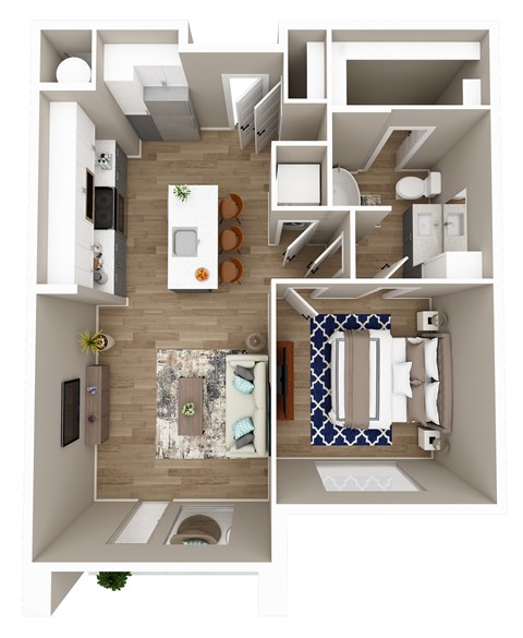 A top-down view of a small apartment with a kitchen, living room, and bathroom.