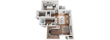 A 3D floor plan of a house showing a living room, kitchen, and bathrooms.