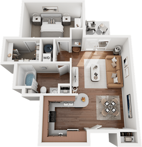 A 3D floor plan of a house showing a living room, kitchen, and bathrooms.