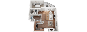A 3D floor plan of a small apartment with a kitchen, living room, and bedroom.