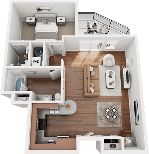 A 3D floor plan of a small apartment with a kitchen, living room, and bedroom.