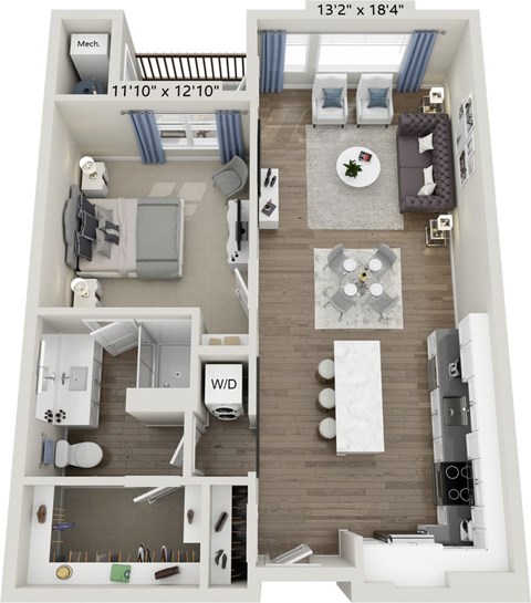 A floor plan of a one bedroom apartment with a living room, kitchen, and bathroom.