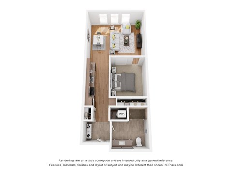 A 3D floor plan of a small apartment with a kitchen, living room, and bedroom.