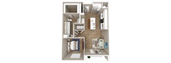 A 3D floor plan of a small apartment with a kitchen, living room, and bathroom.