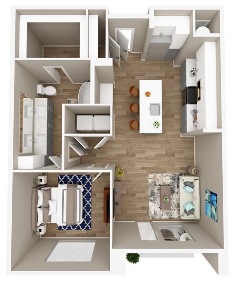 A 3D floor plan of a small apartment with a kitchen, living room, and bathroom.