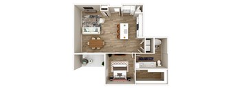A top-down view of a small apartment with a kitchen, living room, and bedroom.