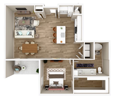 A top-down view of a small apartment with a kitchen, living room, and bedroom.