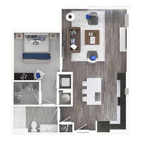 a 3d floor plan of a bedroom with a bathroom and a living room
