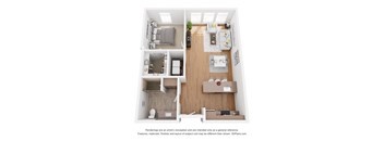 A 3D floor plan of a small apartment with a kitchen, living room, and bathroom.