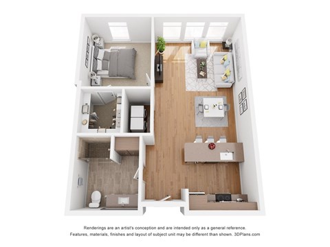 A 3D floor plan of a small apartment with a kitchen, living room, and bathroom.