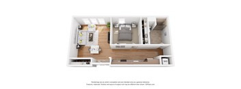 A 3D floor plan of a small apartment with a living room, kitchen, and bedroom.
