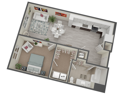 a 3d floor plan of a home with a bedroom and a living room
