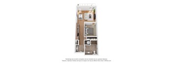 A 3D floor plan of a small apartment with a kitchen, living room, and bathroom.
