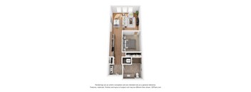 A 3D floor plan of a small apartment with a kitchen, living room, and bedroom.