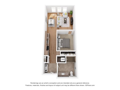 A 3D floor plan of a small apartment with a kitchen, living room, and bedroom.