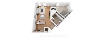 A 3D floor plan of a small apartment with a kitchen, living room, and bedroom.