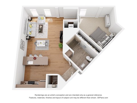 A 3D floor plan of a small apartment with a kitchen, living room, and bedroom.
