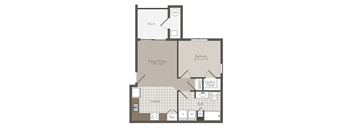 A floor plan with a kitchen, living room, bedroom and bathroom.