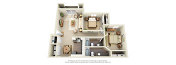 A 3D floor plan of a house with multiple rooms and furniture.