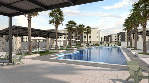 A pool surrounded by palm trees and benches under a roof.