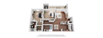 A 3D floor plan of a house with a kitchen, living room, and bathroom.