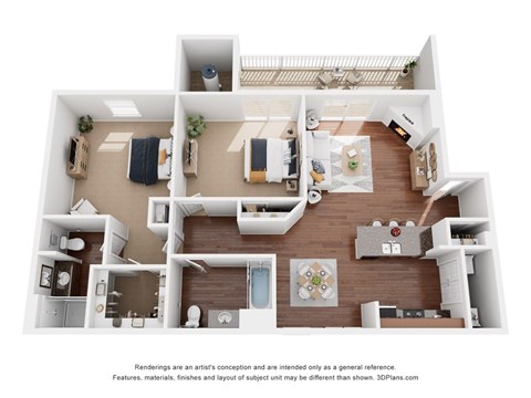 A 3D floor plan of a house with a kitchen, living room, and bathroom.