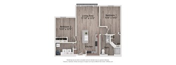 A floor plan of a house with a living area, two bedrooms, a kitchen, a bathroom, and a mudroom.