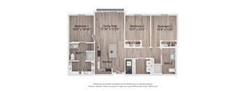 A floor plan of a house with three bedrooms, a living area, a kitchen, a dining area, and two bathrooms.