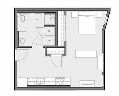 A floor plan of a room with labeled sections D and W.