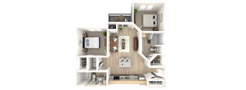 a 3d rendering of a floor plan with a bedroom and a living room