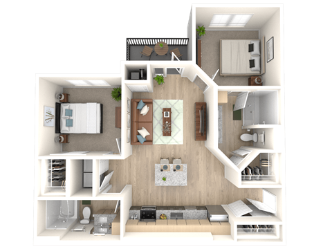 a 3d rendering of a floor plan with a bedroom and a living room