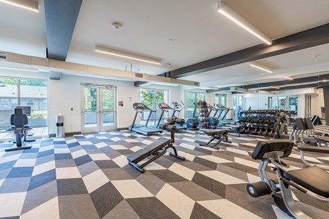 a gym with cardio machines and weights on a checkered floor