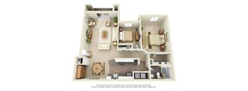 A 3D floor plan of an apartment  with furniture and appliances.