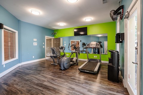 A gym with a treadmill, exercise bike, and other equipment.