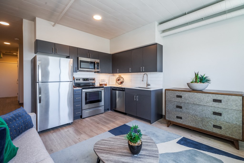 a kitchen with stainless steel appliances and dark cabinets