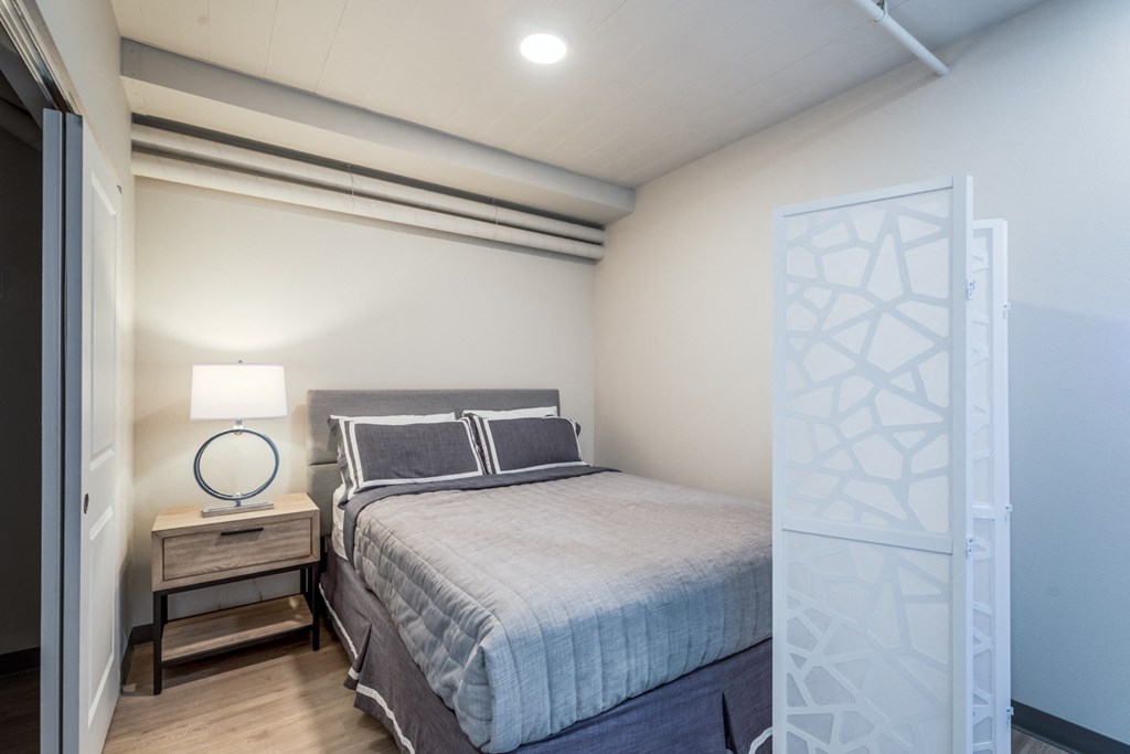 a bedroom with a bed and a door to a closet