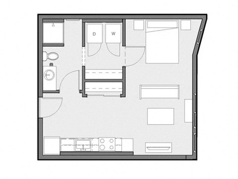 A floor plan of a room with a kitchen area, a bathroom, and a bed.